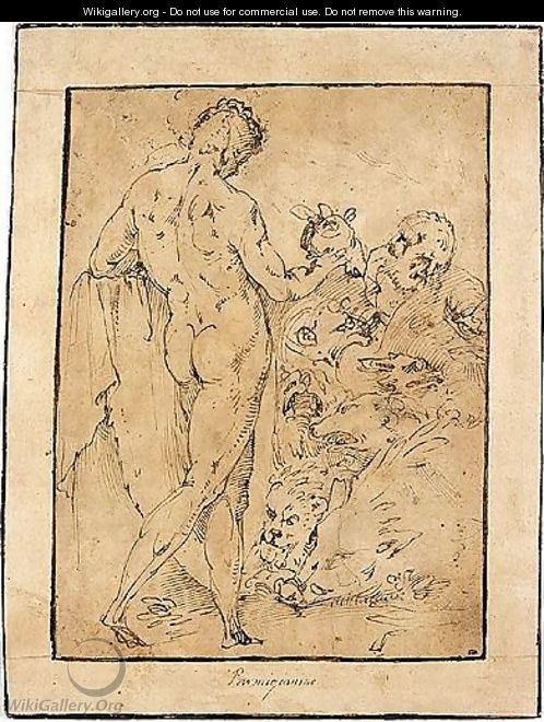 A male nude holding a mask, standing before numerous animals and a bearded man - (after) Jacopo Zanguidi, Called Jacopo Bertoija