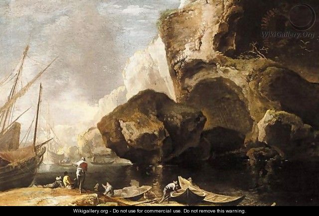 Coastal Landscape With Fishermen With Their Boats, Cliffs Beyond - (after) Antonio Travi (Il Sestri)