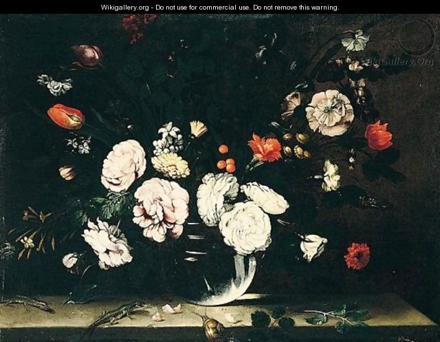 A Still Life Of Roses, Carnations, Tulips And Other Flowers, In A Glass Vase, A Snail And Lizards Nearby, All Resting Upon A Stone Ledge - Roman School