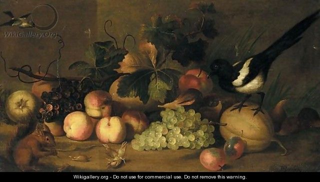 Still Life Of Fruit With A Magpie And A Red Squirrel In A Landscape Setting - (after) Jakob Bogdany