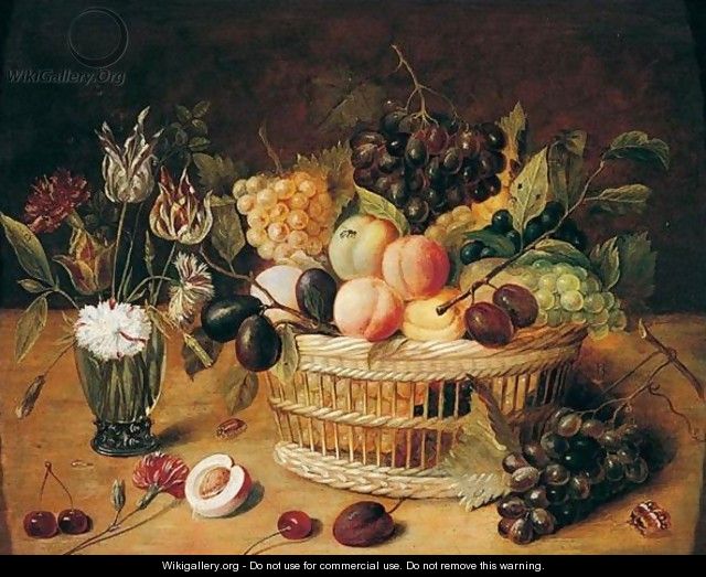 A Still Life Of A Basket Of Fruit With Flowers In A Vase - (after) Ambrosius The Younger Bosschaert