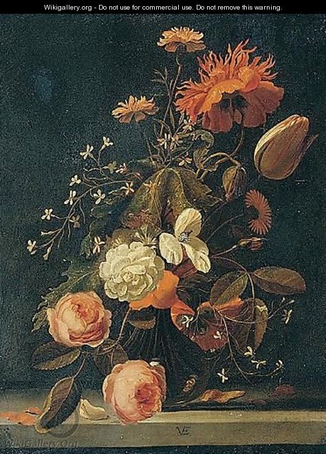 Still Life With Roses, Tulips, Carnations, And Other Flowers In A Glass Vase On A Stone Ledge - (after) Simon Pietersz. Verelst