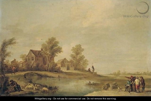 A Landscape With A Herdsman Resting With His Flock By A River, Peasants Drinking On The Opposite Bank, And A Peasant Crossing A Bridge Towards A Village Beyond - (after) David The Younger Teniers