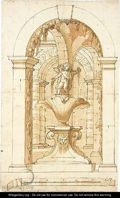 A decorative arch with putti, possibly for a grotto - Italian School