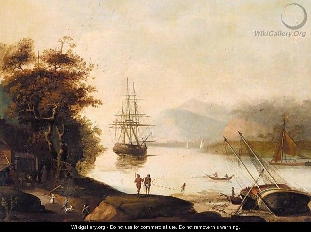 Estuary Scene With Fisherman And A Man-O-War At Anchor - (after) Jenkinson, John