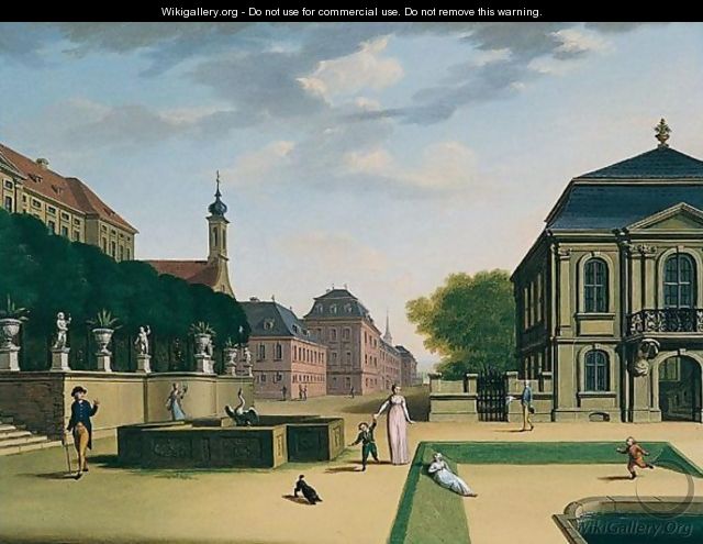 View Of A Town, With Figures Beside A Fountain - Austrian School