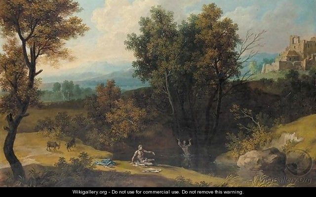 A Classical Wooded Landscape With Bathers - (after) Giovanni Battista Busiri