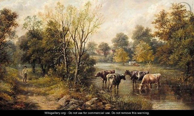 Landscape with cattle watering - Samuel Joseph Clark
