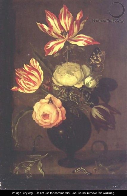 A Still Life Of Flowers In A Vase Resting On A Ledge With A Lizard And Insects - Johannes Bosschaert