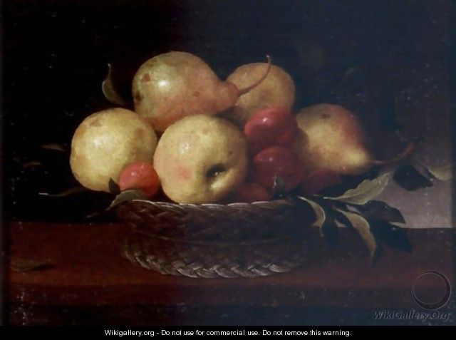 Still Life Of Pears, Plums, And Apples In A Basket Resting On A Ledge - Pedro de Camprobin