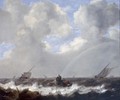 A Seascape With Fishermen In A Rowboat And Other Sailing Vessels In A Choppy Sea, A Rainbow On The Horizon - Jan Porcellis