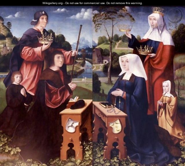 Saint Elizabeth And Saint James Of Compostella With Donors And Their Children A Pair Of Wings From A Triptych - Master Of Frankfurt