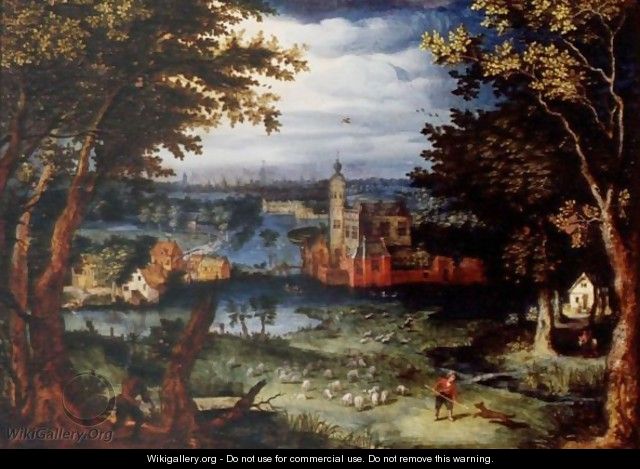 A Wooded River Landscape With A Manor House By A Village, A City Beyond - (after) Balthasar Lauwers