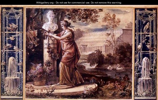 A Young Woman Adorning A Statue Of Empress Josephine With Flowers, The Greenhouse At Malmaison In The Distance - Francois-Pascal-Simon Baron Gerard