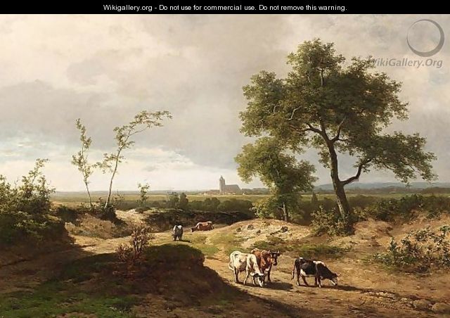 A Summer Landscape With Cows In A Hilly Landscape - Alexander Joseph Daiwaille