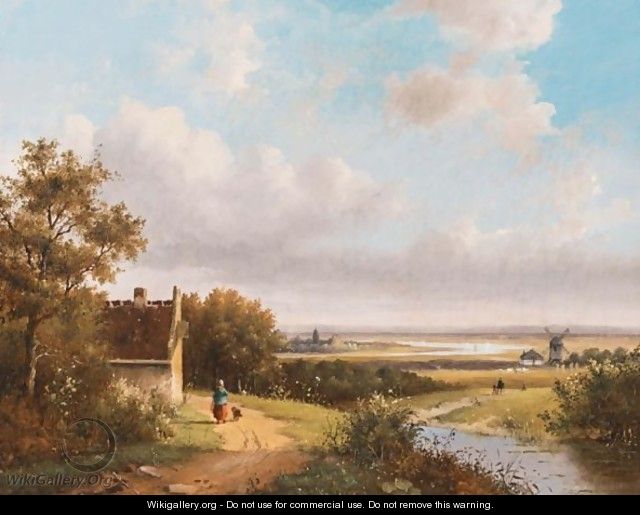A Peasant Woman On A Road In An Extensive Landscape - Johannes Hilverdink