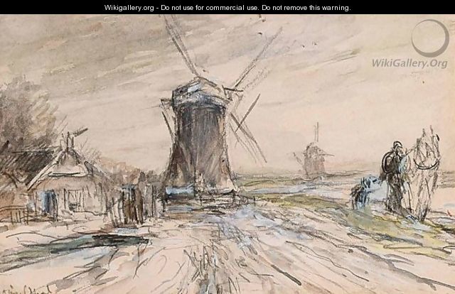 A Polder Landscape With Windmills In Winter Time - Louis Apol