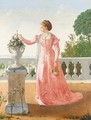 Portrait of a lady in pink satin dress, standing on a veranda - Henry Thomas Schafer