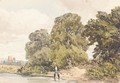 Fisherman On A River With Woodland And A Church In The Background - William Callow