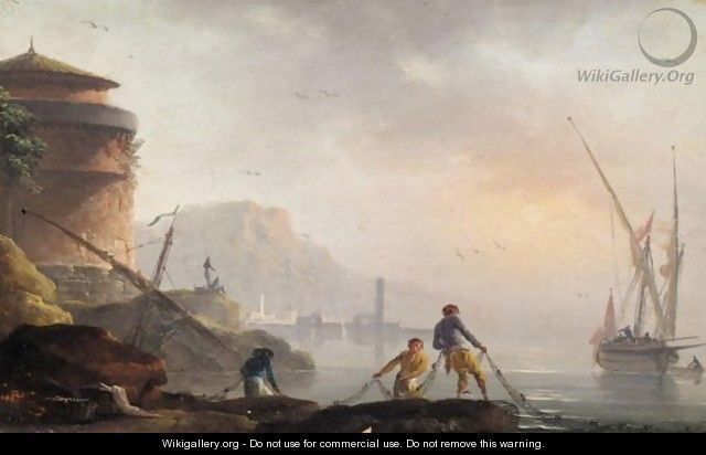A Mediterranean Coastal Landscape With Fishermen Tending Their Nets - (after) Claude-Joseph Vernet