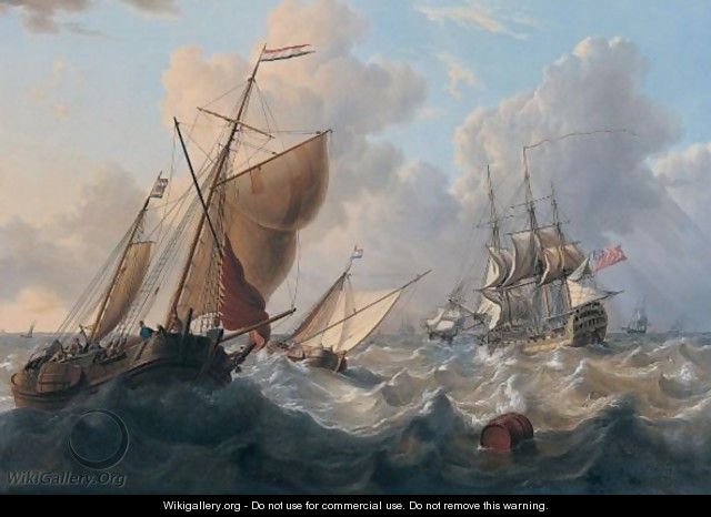 A British Man Of War And Dutch Barges - Charles Martin Powell