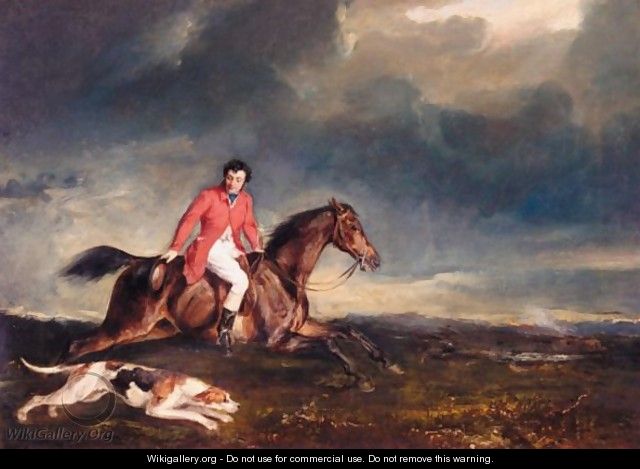 John Dalyell, Master Of The Puckeridge Hounds On A Bay Hunter With A Hound In A Landscape - Sir Francis Grant
