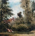 A Cottage Hidden By Trees, Cows Grazing In The Foreground - Frederick Waters Watts