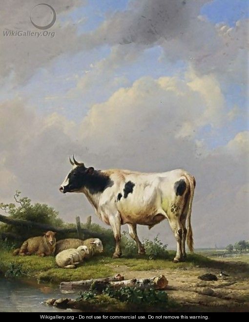 A Bull And Sheep In A Meadow - Eugène Verboeckhoven