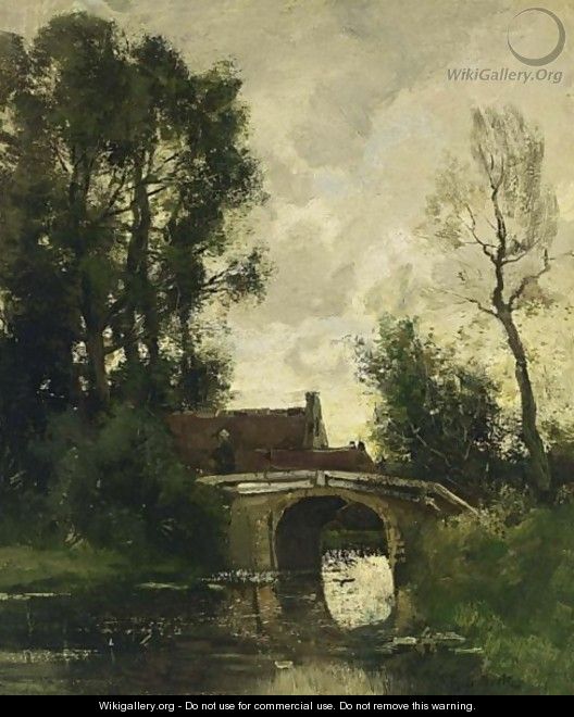 A Figure Crossing A Bridge In A Wooded Landscape - Theophile Emile Achille De Bock