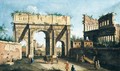 Rome, A View Of The Arch Of Constantine, With The Colosseum In The Right Background - Italian Unknown Master