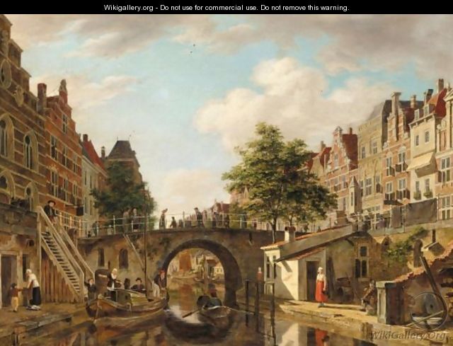 A View Of Utrecht, With A Barge And A Rowing Boat On A Canal Before A Bridge - (after) Jan Hendrik Verheyen