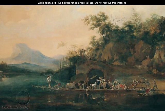 A Landscape With Figures And Animals Crossing A River In A Ferry - Willem Schellinks