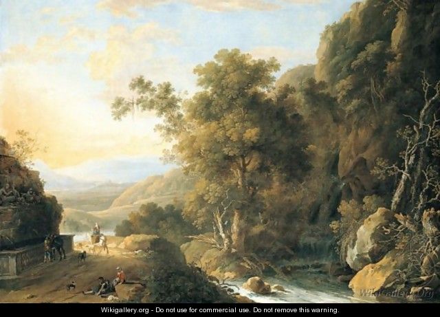 Southern Landscape With Travellers And Animals Beside A Fountain Near A Waterfall - Caspar Andriaans Van Wittel