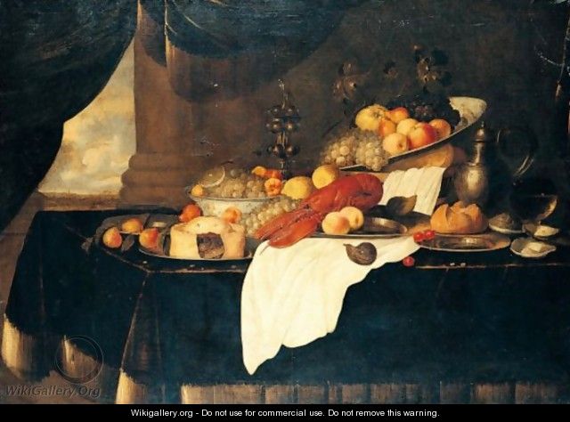 Still Life Of A Lobster, A Pie And Various Fruits In Blue And White Bowls And On Pewter Plates - Andries De Coninck