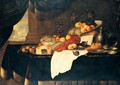 Still Life Of A Lobster, A Pie And Various Fruits In Blue And White Bowls And On Pewter Plates - Andries De Coninck