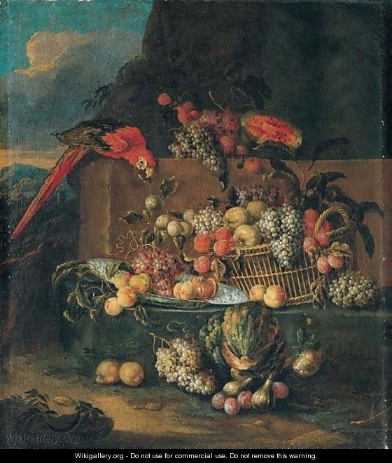 Still Life Of Fruits In A Basket And A Blue And White Dish With A Parrot In A Landscape - Jan Pauwel II the Younger Gillemans