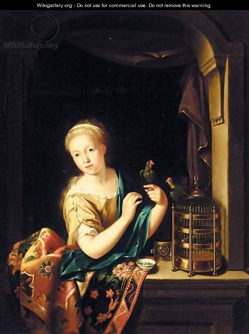 A Young Girl At A Window, Holding A Parrot - Willem van Mieris