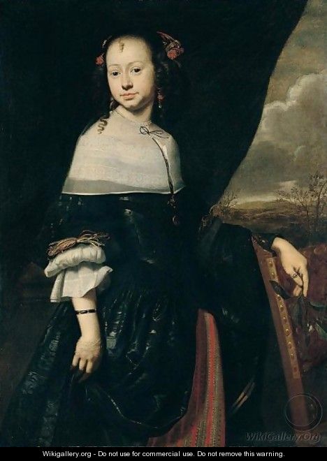 Portrait Of A Young Lady, Three-Quarter Length, Standing, Wearing Black, Holding A Sprig Of Orange Blossom - (after) Abraham Van Den Tempel