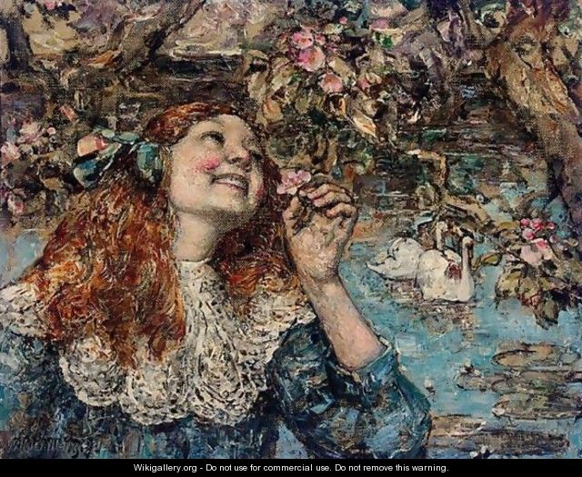 A Young Girl With Swans - Edward Atkinson Hornel