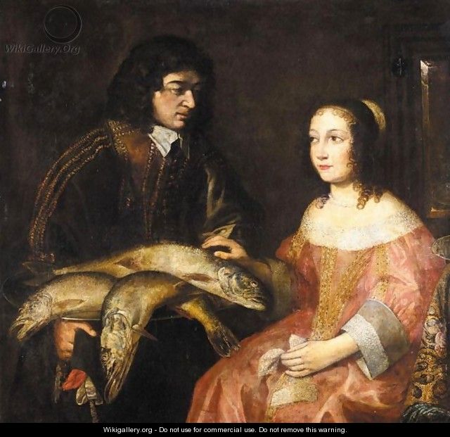 A Cavalier Offering A Seated Young Lady A Plate Of Fish - Dutch School