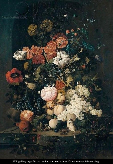 Still Life With Various Flowers, Grapes, Apricots, Pomegranates And Blackberries, Together With Butterflies, Sparrows And Their Chicks - (after) Johan Baptist Dreschler