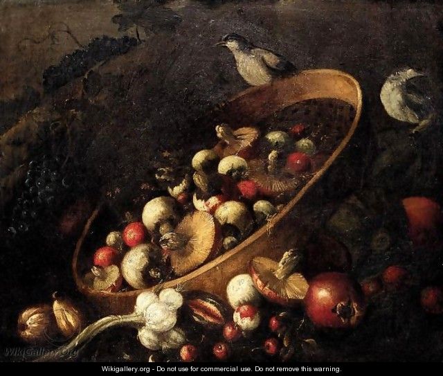 Still Life With A Basket, Mushrooms, Onions, Tomatoes, And Grapes Together With Other Vegetables And Song Birds. - (after) Felice Boselli