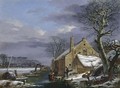 A Winter Landscape With Figures And A Dog On A Frozen Ditch Near A Farmhouse, A Village In The Background - Arnoldus Van Well Dordrecht