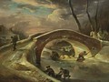 A Winter Landscape With A Horse Drawn Cart Going Over A Bridge, Peasants Transporting Pigs Over The River, And Children Sledging - Andries Vermeulen