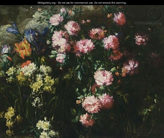 A Still Life With Pink Peonies, English Irises, Tulips, Daffodils And Other Flowers In A Field - (after) Margherita Caffi