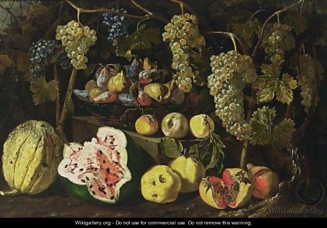 A Still Life With A Watermelon, A Melon, Pomegranates, Peaches, And Grapes Together With Figs And Plums In A Basket On A Stone Ledge - Giovanni Battista Ruoppolo