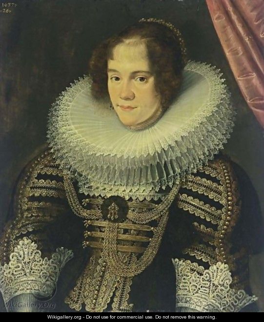 A Portrait Of A Lady, Aged 26, Half-Length, Wearing A Black Dress With Elaborate Gold Embroidery, Gold Chains, Lace Cuffs And Collar, Pearl Jewellery And Bonnet - Gotthardt von Wedig