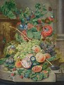 A Still Life With Grapes, Peaches, Prunes, A Melon, A Pomegranate, Raspberries, Together With Morning Glory, An Opium Poppy, Hollyhocks And A Rose, All On A Marble Ledge Together With A Butterfly, A Fly And Ants - Wybrand Hendriks
