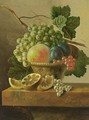 A Still Life Of Grapes, A Peach, Prunes And Red Currants In A Basket, Together With An Orange - Ohannes Cornelis De Bruyn