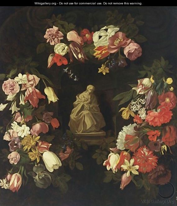 A Statue Of The Virgin And Child In A Niche Surrounded By Garlands With Tulips, Roses, Carnations, Anemonies, Daffodils, And Other Flowers - Antwerp School